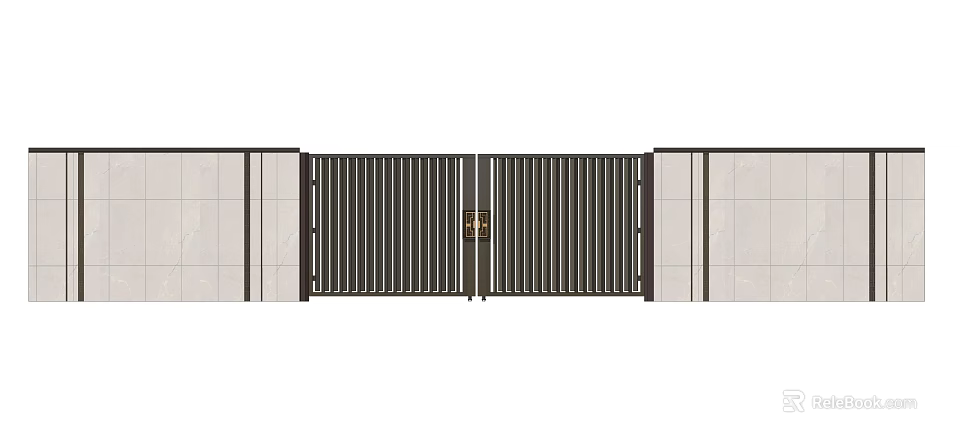 Modern Exterior Feature Wall With Double Metal Grille Gate And Stone Panels 3d model 