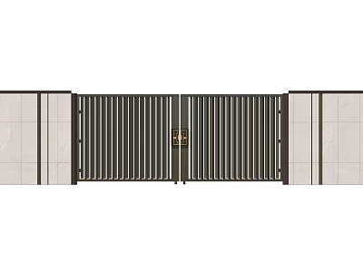 Modern Exterior Feature Wall With Double Metal Grille Gate And Stone Panels 3d model