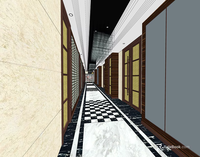 Elegant Modern Elevator Hallway With Checkerboard Marble Floor And Wooden Framed Walls 3d model 