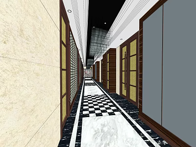 Elegant Modern Elevator Hallway With Checkerboard Marble Floor And Wooden Framed Walls 3d model