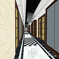 Elegant Modern Elevator Hallway With Checkerboard Marble Floor And Wooden Framed Walls