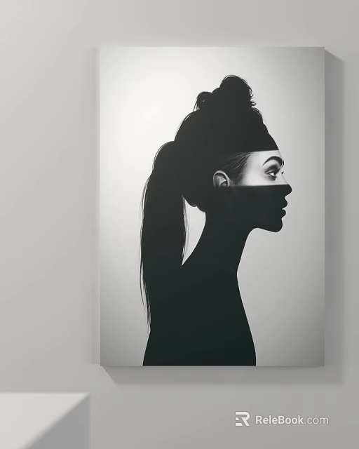 Black And White Silhouette Female Profile Portrait With Ponytail Headband And Facial Design Art 3d model 