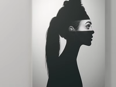 Black And White Silhouette Female Profile Portrait With Ponytail Headband And Facial Design Art 3d model