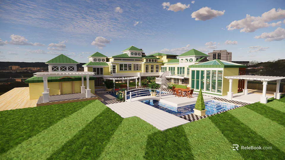 Garden Landscape Design Featuring Yellow Buildings Green Roofs Swimming Pool And Lawn 3d model 
