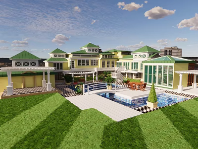 Garden Landscape Design Featuring Yellow Buildings Green Roofs Swimming Pool And Lawn 3d model