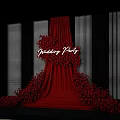 Banquet Hall for Wedding Party with Red Drapery Floral Arrangements and Striped Backdrop