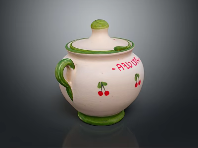 Ceramic Storage Jar With Lid Green Trim White Body Red Cherry Patterns Handle 3d model
