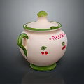 Ceramic Storage Jar With Lid Green Trim White Body Red Cherry Patterns Handle 3d model