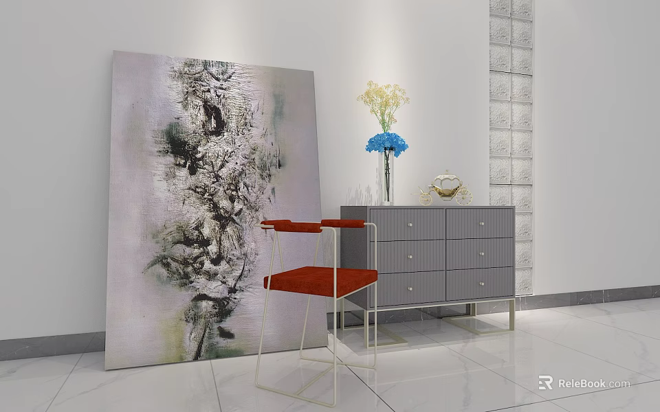 Modern Luxury Interior Console Table With Artwork Vase Red Chair And Chest Of Drawers 3d model 