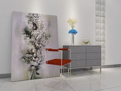Modern Luxury Interior Console Table With Artwork Vase Red Chair And Chest Of Drawers 3d model