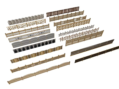 Various Types of Decorative Fences with Wooden Metal and Patterned Designs 3d model