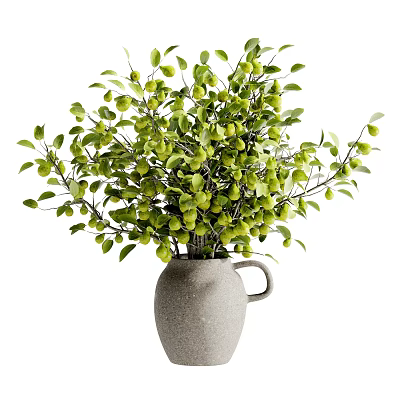 Natural Gray Clay Vase with Handle Containing Green Leaves and Small Fruits 3d model