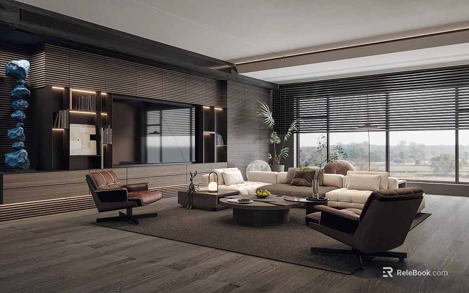 Modern Living Room Interior With Leather Chairs Sectional Sofa Coffee Table And Large Windows 3d model 