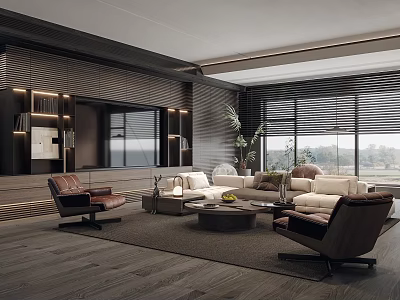 Modern Living Room Interior With Leather Chairs Sectional Sofa Coffee Table And Large Windows 3d model