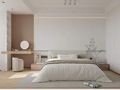 Modern Bedroom Interior Design With White Bedding Nightstands And Potted Plant 3d model