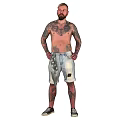 Tattooed Shirtless Man Wearing Shorts Standing With Hands On Hips In Gray Background