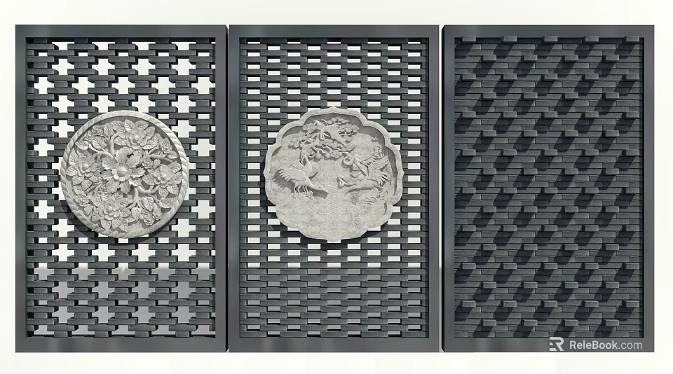 Traditional Background Wall With Three Grid Designs And Relief Floral Bird Patterns 3d model 