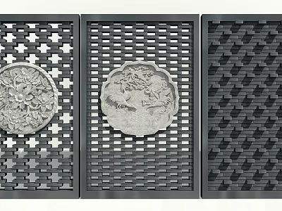 Traditional Background Wall With Three Grid Designs And Relief Floral Bird Patterns 3d model