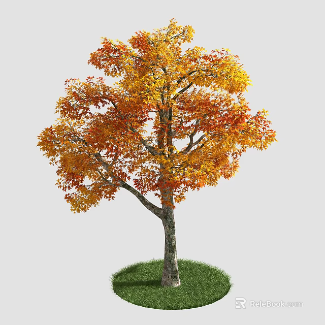 Autumn Tree With Orange Yellow Leaves And Green Grass Around Trunk 3d model 