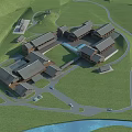 Hotel Building On Green Hillside With Interconnected Structures Winding Roads And River 3d model