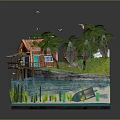 Tropical Beachside Cottage With Red Roof Wooden Deck Palm Trees And Water