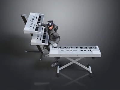 Man Playing Multiple White Electronic Keyboards With Control Panels In Music Studio 3d model