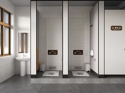 Modern Public Restroom with Clean Tiled Walls Accessible Stalls Sink and Mirror 3d model