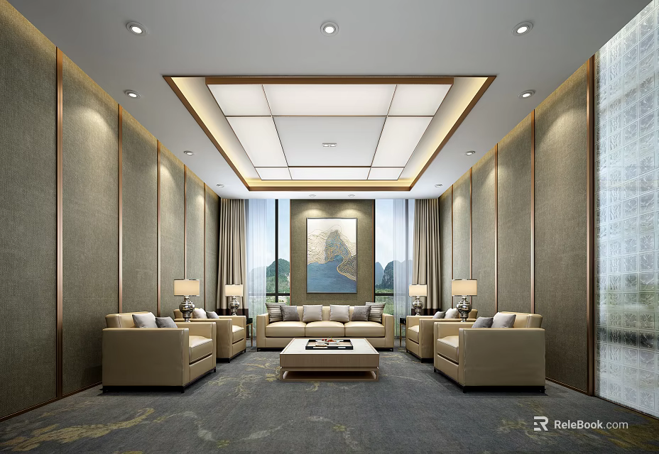 Hotel Public Lounge Featuring Beige Sofas Coffee Table And Mountain View Windows 3d model