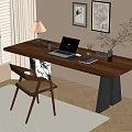 Cozy Wooden Desk Workspace With Table Lamp Laptop Plant Chair And Wall Art