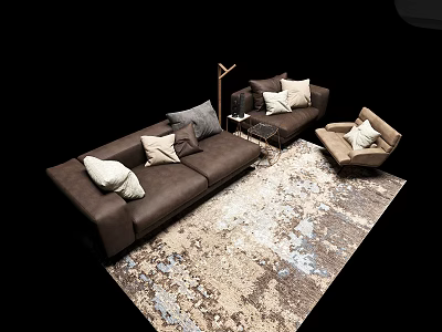 Modern Sofa Coffee Table Set With Accent Pillows Armchair Floor Lamp And Large Textured Rug 3d model