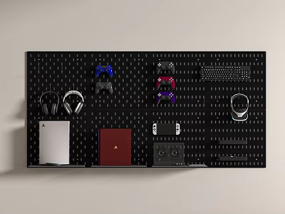 Entertainment Electronics Pegboard Storage Display Featuring Game Controllers Headphones Console And Red Notebook 3d model
