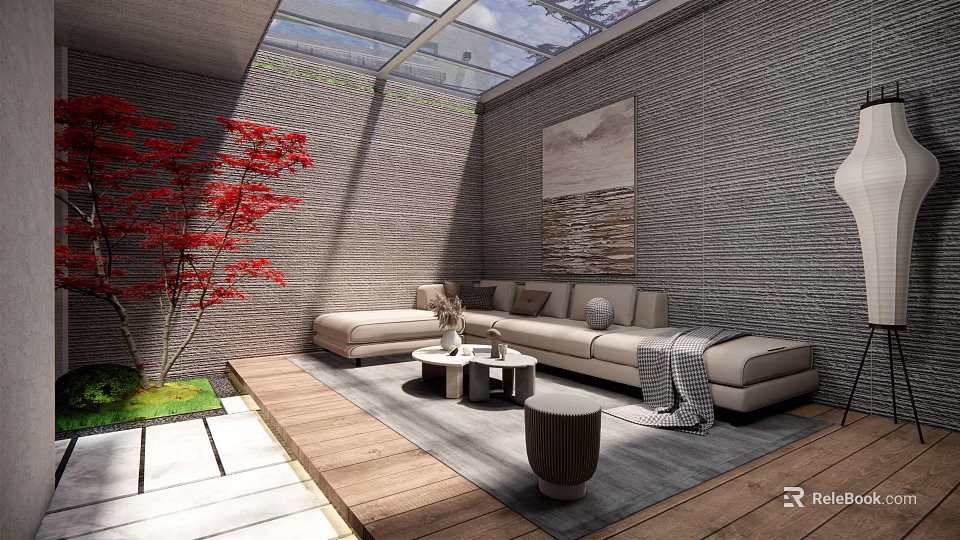 Garden Landscape Design With Glass Skylight Gray Brick Walls Red Maple Tree And Wooden Flooring 3d model 