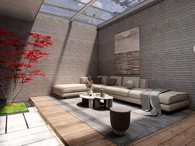 Garden Landscape Design With Glass Skylight Gray Brick Walls Red Maple Tree And Wooden Flooring 3d model