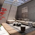 Garden Landscape Design With Glass Skylight Gray Brick Walls Red Maple Tree And Wooden Flooring