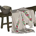 Vintage Rustic Wooden Bench With Mortar Pestle And White Floral Embroidered Fringed Blanket
