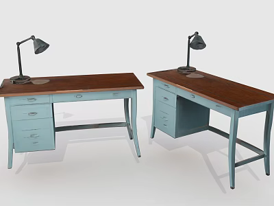 Two Blue Desks With Brown Wooden Tops And Black Table Lamps 3d model