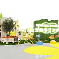 Exhibition Booths With White Canopies Green Yellow Decorations Plants And Circular Central Area