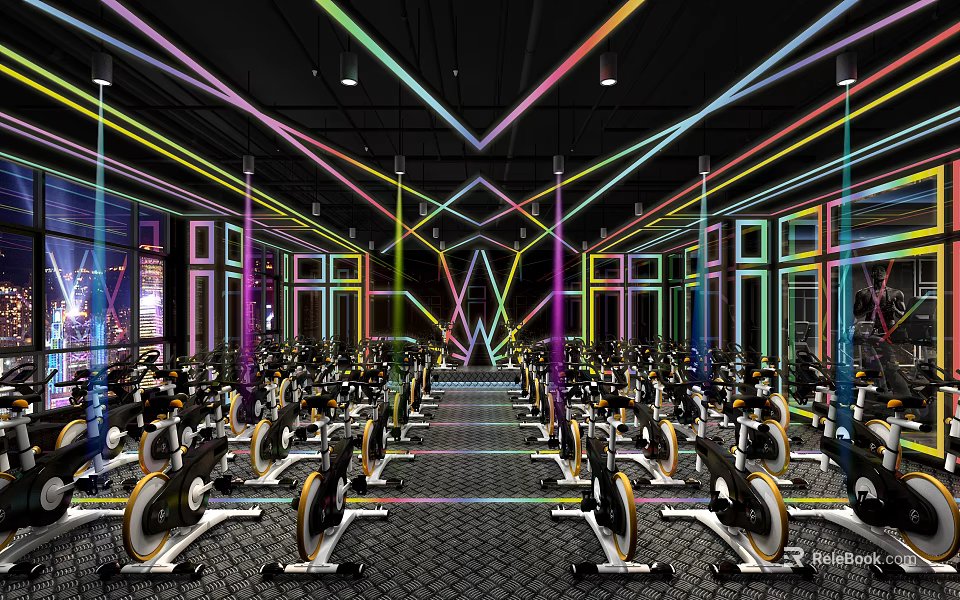 Modern Fitness Gym Interior With Colorful Laser Lights And Spin Bikes 3d model 