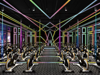 Modern Fitness Gym Interior With Colorful Laser Lights And Spin Bikes 3d model