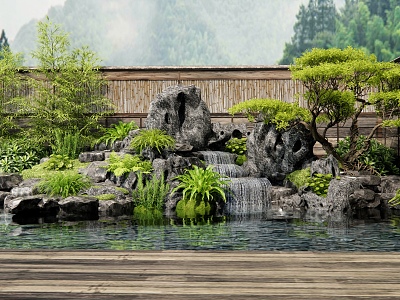 Japanese-style rockery waterscape water drop water stack stone plant pile landscape tree courtyard landscape bamboo model