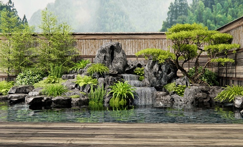 Japanese-style rockery waterscape water drop water stack stone plant pile landscape tree courtyard landscape bamboo 3d model