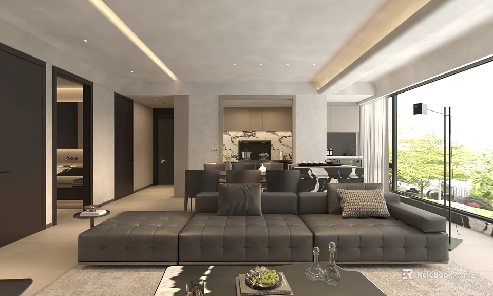 Modern Living Dining Room Interior With Large Sofa Dining Table And Natural Light 3d model 