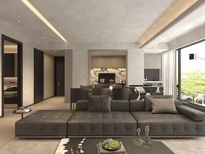 Modern Living Dining Room Interior With Large Sofa Dining Table And Natural Light 3d model