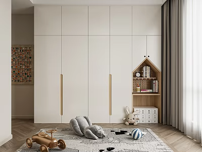 White Kids Wardrobe With Golden Handles Stuffed Toys Toy Car And Small Bookshelf On Rug 3d model