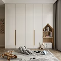 White Kids Wardrobe With Golden Handles Stuffed Toys Toy Car And Small Bookshelf On Rug