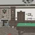 Billiard Room Interior With Vintage Wooden Decor Red Sofas Bar Counter And Chandeliers
