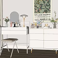 Stylish White Dressing Table with Oval Mirror Gold Lamp Cosmetics and Botanical Print
