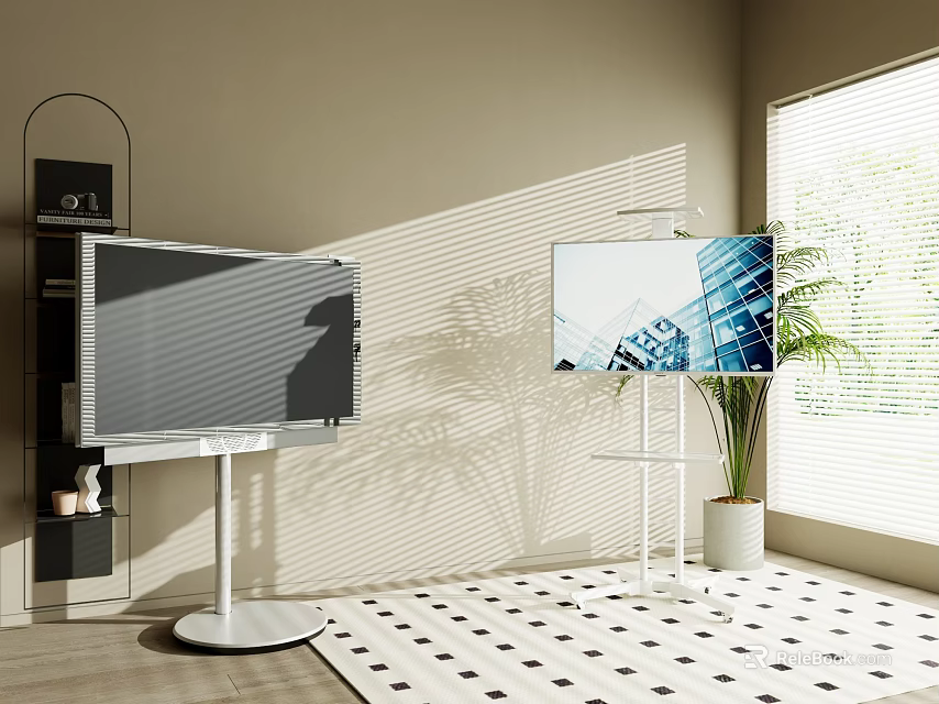 Two Modern TVs on White Floor Stands in Sunlit Room with Blinds and Potted Plant 3d model 