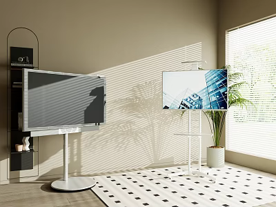 Two Modern TVs on White Floor Stands in Sunlit Room with Blinds and Potted Plant 3d model
