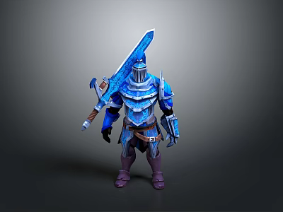 3D Fantasy Warrior Character With Intricate Blue Armor Holding Ornate Blue Sword Standing Pose 3d model